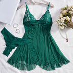 Sexy Sleepwear For Sleeping Night Dress Women Lingеrie Sets Deep V Slip Nightgowns And Panties Lace Ruffle Trim Underwear Pajama