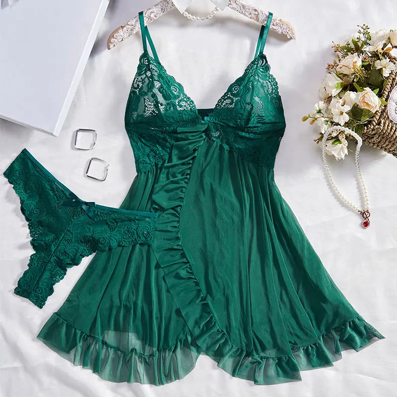 Sexy Sleepwear For Sleeping Night Dress Women Lingеrie Sets Deep V Slip Nightgowns And Panties Lace Ruffle Trim Underwear Pajama
