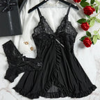 Tulle Suspenders Exquisite Lace V-Neck Nightdress Women's Underwear Semi-transparent Thong Dress Set Lingerie Nightgowns