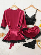 4Pcs Women Satin Pajama Set Robe Lace Lingerie Sexy Silk Nightwear Sleepwear Soft Satin Nightgown Pyjamas Nightdress Nighty Robe