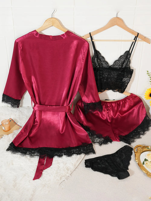 4Pcs Women Satin Pajama Set Robe Lace Lingerie Sexy Silk Nightwear Sleepwear Soft Satin Nightgown Pyjamas Nightdress Nighty Robe