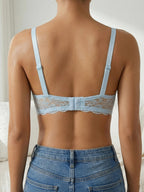 French Women's Lace Trim Push Up Bra Sexy Mesh Underwire Underwear Comfy Thin Padding Floral Lace Lingerie Bra