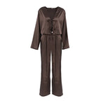Women Silk Satin Pajama Set Deep V Neck Long Sleeve Lace Trim Tie Front Top Pants Soft Loungewear Elegant Home Sleepwear Night