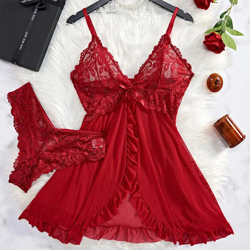 Sexy Sleepwear For Sleeping Night Dress Women Lingеrie Sets Deep V Slip Nightgowns And Panties Lace Ruffle Trim Underwear Pajama