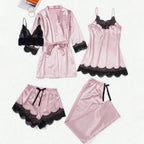 5 Pieces Women's Satin Sleepwear Pajama Set Robe Sexy Lingerie Bathrobe Lace Silk Night Dress Trousers Home Clothed Nightwear PJ