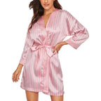 Women Satin Kimono Bathrobe Gown Summer V-Neck Nightgown Stripe Robe With Belt Bridal Wedding Sleepwear Loose Intimate Lingerie