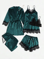 5 Pieces Women's Satin Sleepwear Pajama Set Robe Sexy Lingerie Bathrobe Lace Silk Night Dress Trousers Home Clothed Nightwear PJ