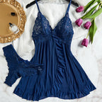 Sexy Sleepwear For Sleeping Night Dress Women Lingеrie Sets Deep V Slip Nightgowns And Panties Lace Ruffle Trim Underwear Pajama