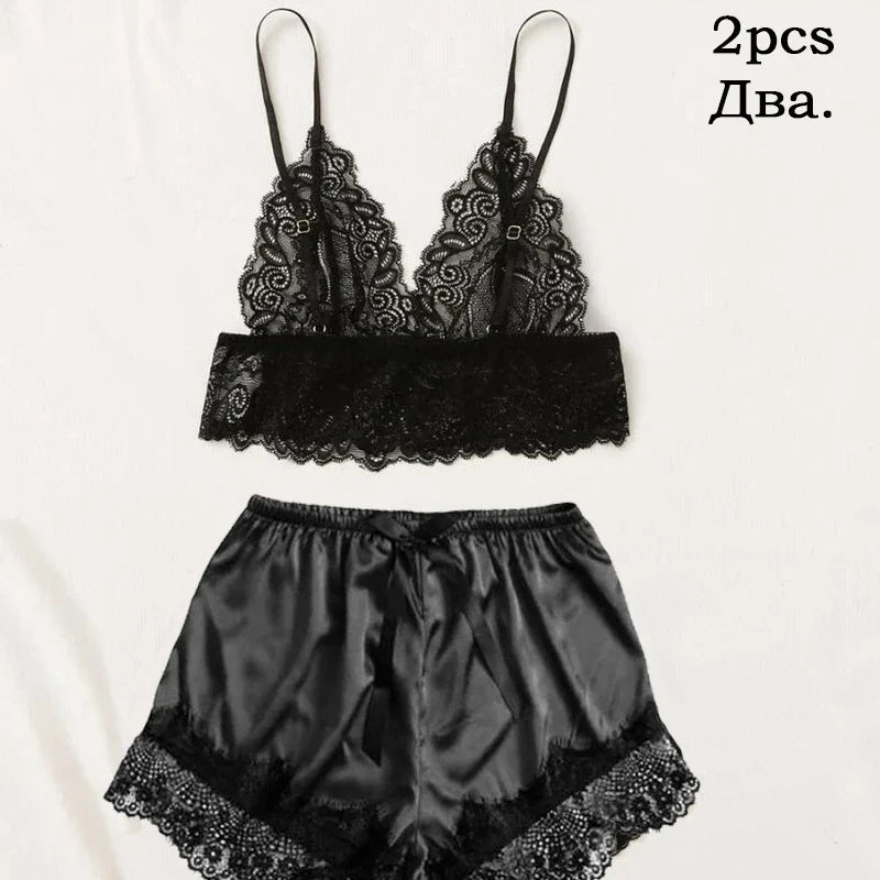5 Pieces Women's Satin Sleepwear Pajama Set Robe Sexy Lingerie Bathrobe Lace Silk Night Dress Trousers Home Clothed Nightwear PJ