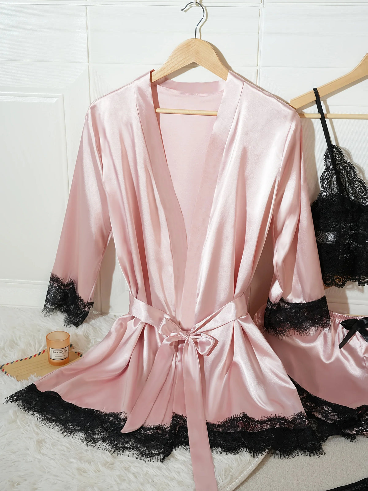 4Pcs Women Satin Pajama Set Robe Lace Lingerie Sexy Silk Nightwear Sleepwear Soft Satin Nightgown Pyjamas Nightdress Nighty Robe