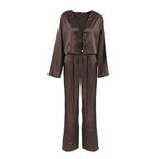 Women Silk Satin Pajama Set Deep V Neck Long Sleeve Lace Trim Tie Front Top Pants Soft Loungewear Elegant Home Sleepwear Night