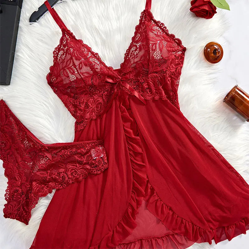 Sexy Sleepwear For Sleeping Night Dress Women Lingеrie Sets Deep V Slip Nightgowns And Panties Lace Ruffle Trim Underwear Pajama
