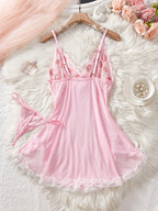 Pink Lips Lingerie Kawaii Intimate Dress Women Lace Nightdress Sleepwear Soft Pajamas With Thongs