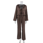 Women Silk Satin Pajama Set Deep V Neck Long Sleeve Lace Trim Tie Front Top Pants Soft Loungewear Elegant Home Sleepwear Night