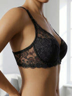 French Women's Lace Trim Push Up Bra Sexy Mesh Underwire Underwear Comfy Thin Padding Floral Lace Lingerie Bra