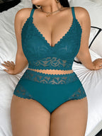 Women's Plus Size Sexy Lingerie Set Lace Floral Mesh Unlined Wireless Bra Breathable Sexy Lace Trim Panties 1Xl-4Xl