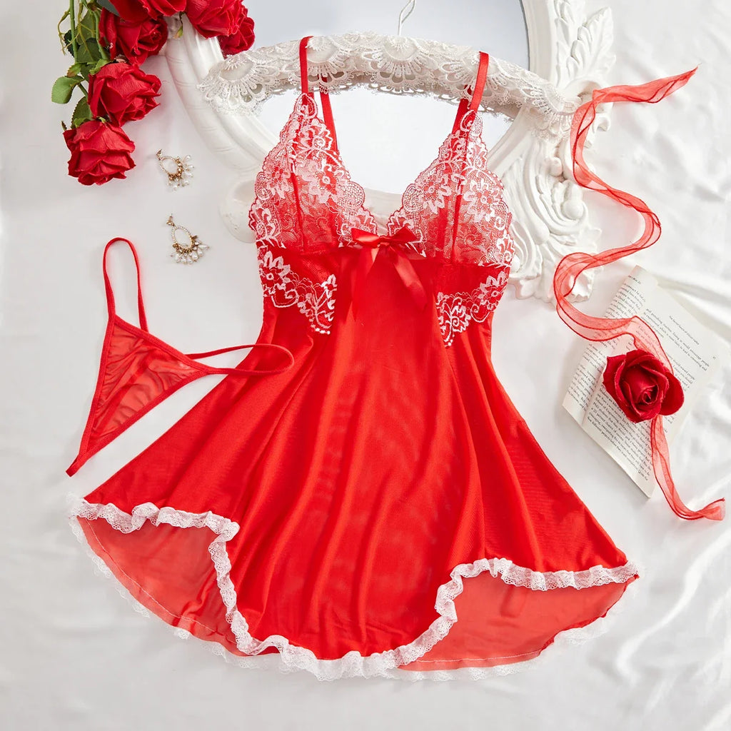 Pink Lips Lingerie Kawaii Intimate Dress Women Lace Nightdress Sleepwear Soft Pajamas With Thongs