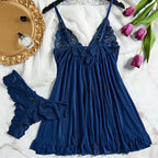 Sexy Sleepwear For Sleeping Night Dress Women Lingеrie Sets Deep V Slip Nightgowns And Panties Lace Ruffle Trim Underwear Pajama