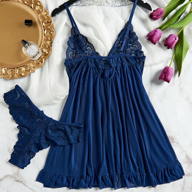 Sexy Sleepwear For Sleeping Night Dress Women Lingеrie Sets Deep V Slip Nightgowns And Panties Lace Ruffle Trim Underwear Pajama