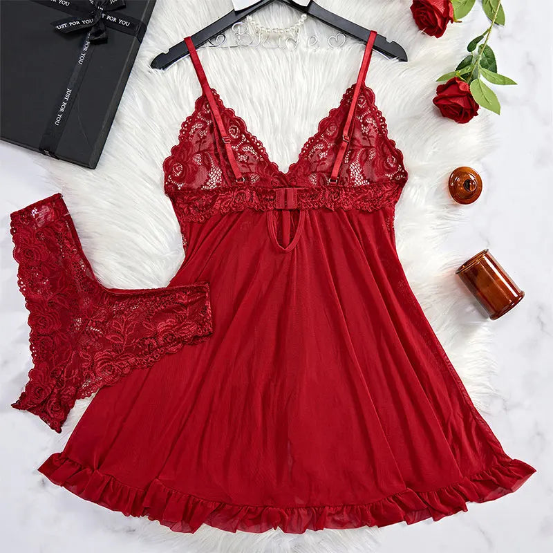 Sexy Sleepwear For Sleeping Night Dress Women Lingеrie Sets Deep V Slip Nightgowns And Panties Lace Ruffle Trim Underwear Pajama
