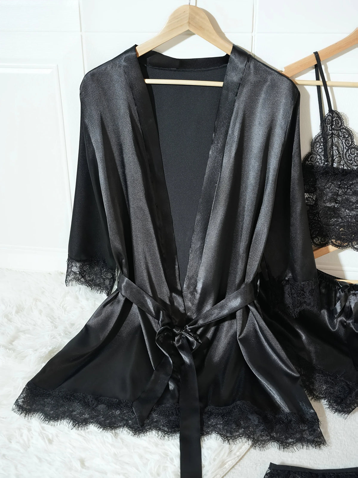 4Pcs Women Satin Pajama Set Robe Lace Lingerie Sexy Silk Nightwear Sleepwear Soft Satin Nightgown Pyjamas Nightdress Nighty Robe